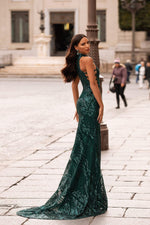 Belinda - Emerald Sequin Gown with High Neckline & Criss Cross Sides