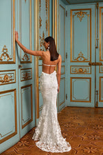 Thalia - White 3D Embellished Gown with Sheer Bodice and Mermaid Train