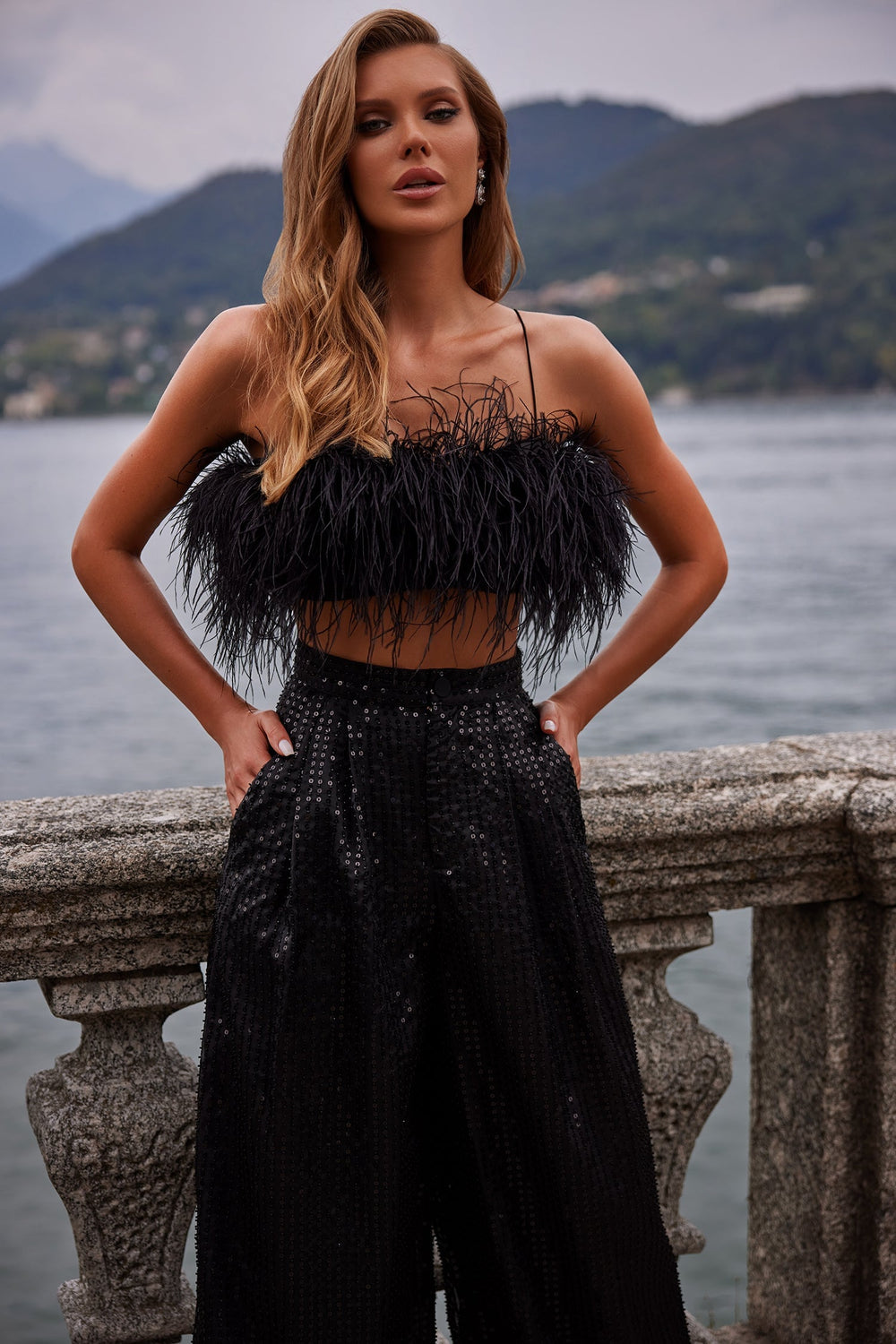 Oberta Black Feather Set with Sequin Palazzo Pants