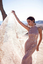 A&N Luxe Tyra -High Neck Rose Gold Glitter Cape Gown with Mermaid Train