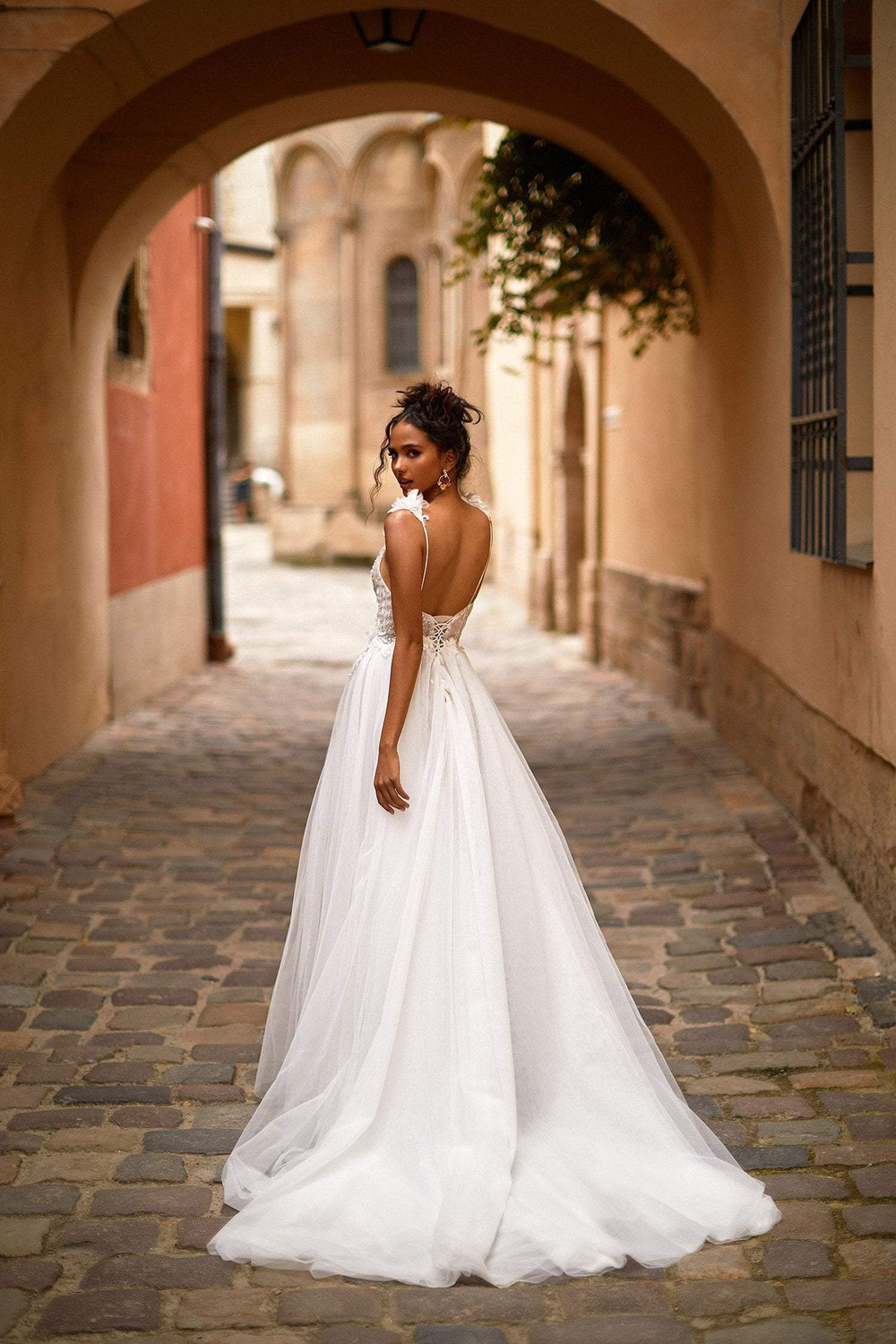 A&N Eliah - White Embellished Boho Bridal Gown with Plunge Neck & Slit