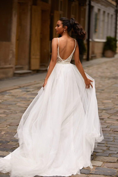 A&N Amberlie - White Chiffon Backless Beaded Boho Bridal Gown