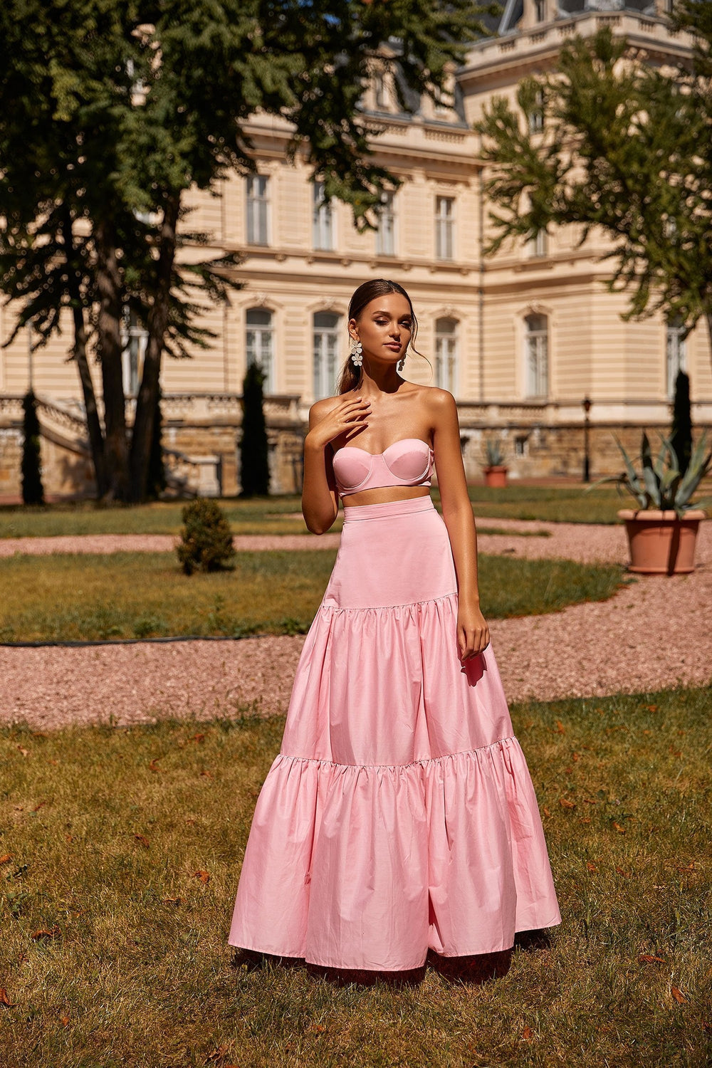 Dinara - Pink Two Piece with Cropped Strapless Bustier & Maxi Skirt
