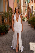 Pranvera - White Sequin Plunge Gown with Front Slit