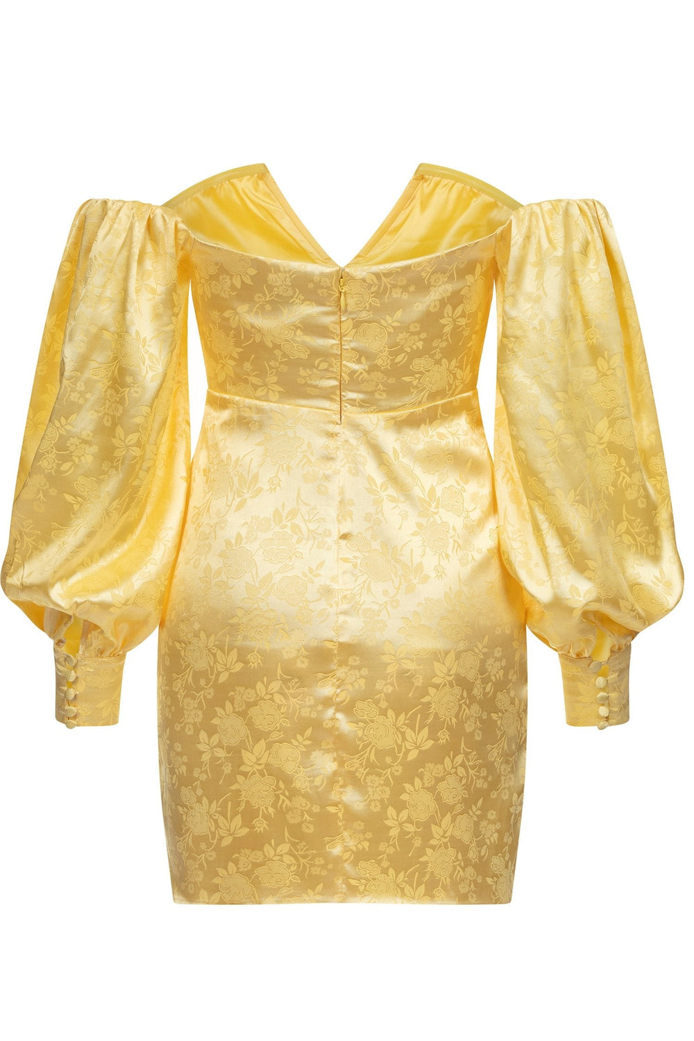 Zehra Dress - Yellow Satin Textured Mini with Long Off-Shoulder Sleeves