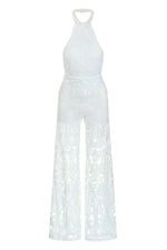 Aubrey Jumpsuit - White Shimmering Backless Jumpsuit with Halterneck
