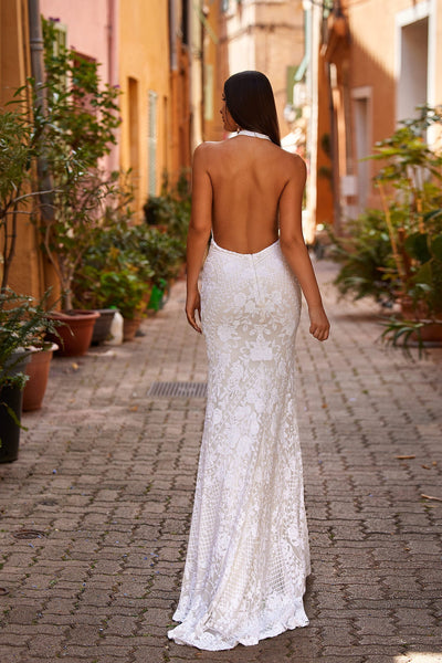 Pranvera - White Alamour Made-To-Order Pranvera - White Sequin Plunge Gown | Afterpay | Klarna | Zip Pay