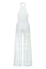 Aubrey Jumpsuit - White Shimmering Backless Jumpsuit with Halterneck