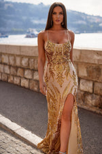 Zerlina - Gold Sequin Prom Gown with Scoop Neckline