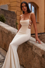 Kasey - White Crepe Gown with Lace-Up Sides and Straight Neckline
