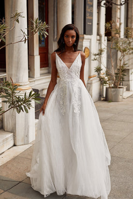 Karla Gown - White V-Neck Backless Lace & Tulle A-Line Bridal Gown 