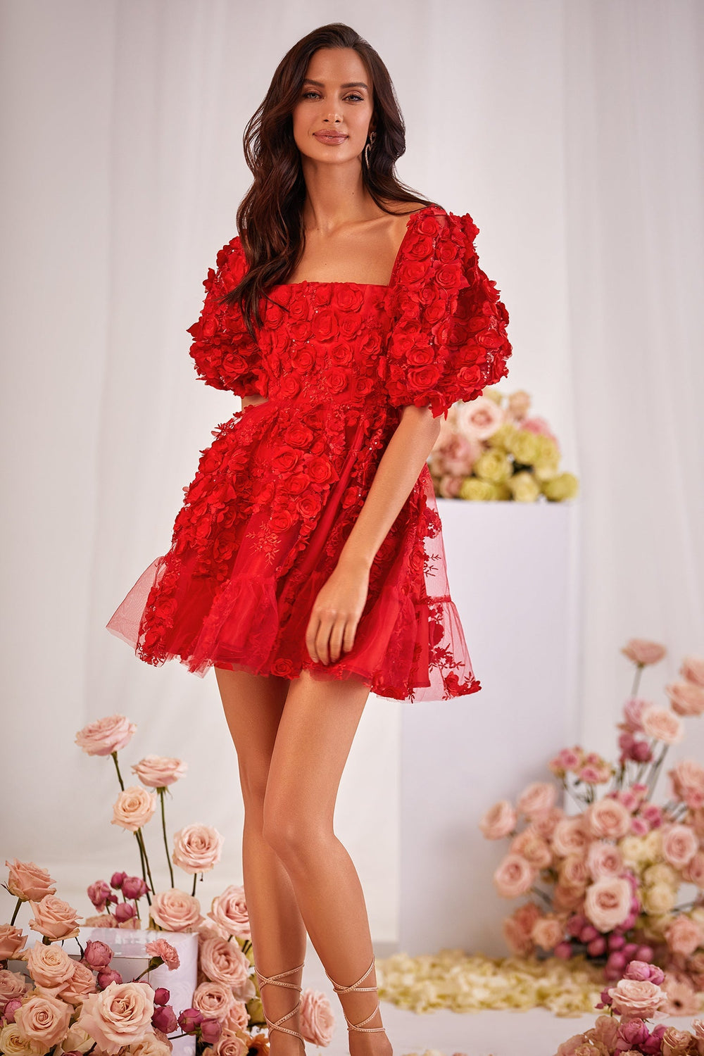 Coraline 3D Floral A-Line Mini Dress with Puff Sleeves