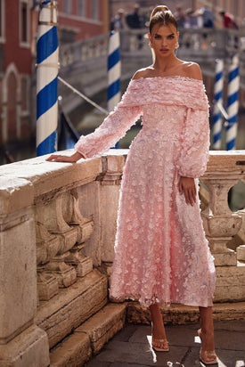 Noorain - Pink Midi Dress with Off-Shoulder Sleeves