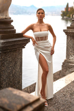 Faretti - White Strapless Gown with Sheer Bodice and Wrap Style Side Slit