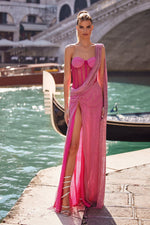 Sidney - Pink Sheer Bodice Gown with Off-Shoulder Throw