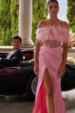 Feodora - Pink Satin Gown with Feathered Neckline and Sheer Boned Bodice