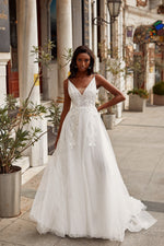 Karla Gown - White V-Neck Backless Lace & Tulle A-Line Bridal Gown