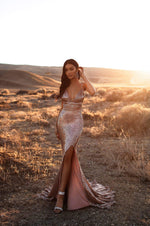A&N Luxe Yoven - Rose Gold Sequin Gown with Lace-Up Back & Side Slit