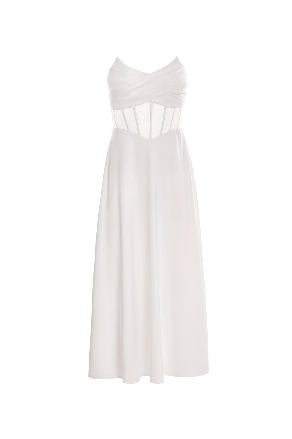 Rosanna - White Satin Dress with Sheer Boned Bodice and A-Line Skirt