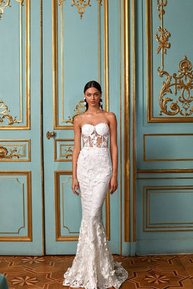 Thalia - White 3D Embellished Gown with Sheer Bodice and Mermaid Train