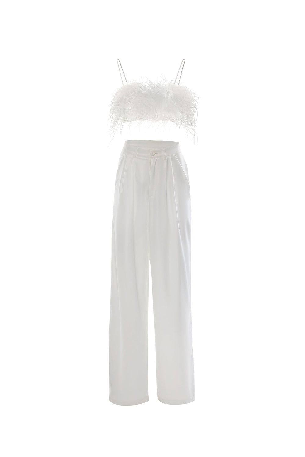 Hilma White Feather Crop Set with Satin Pants