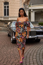 Flora Dress - Patterned Sequin Midi Dress with Off-Shoulder Sleeves