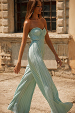 Simone Jumpsuit Alamour The Label Simone Turquoise Pleated Satin Strapless Jumpsuit | Afterpay