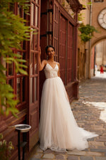 A&N Carys - White & Nude Textured Tulle Boho Bridal Gown With Pearls