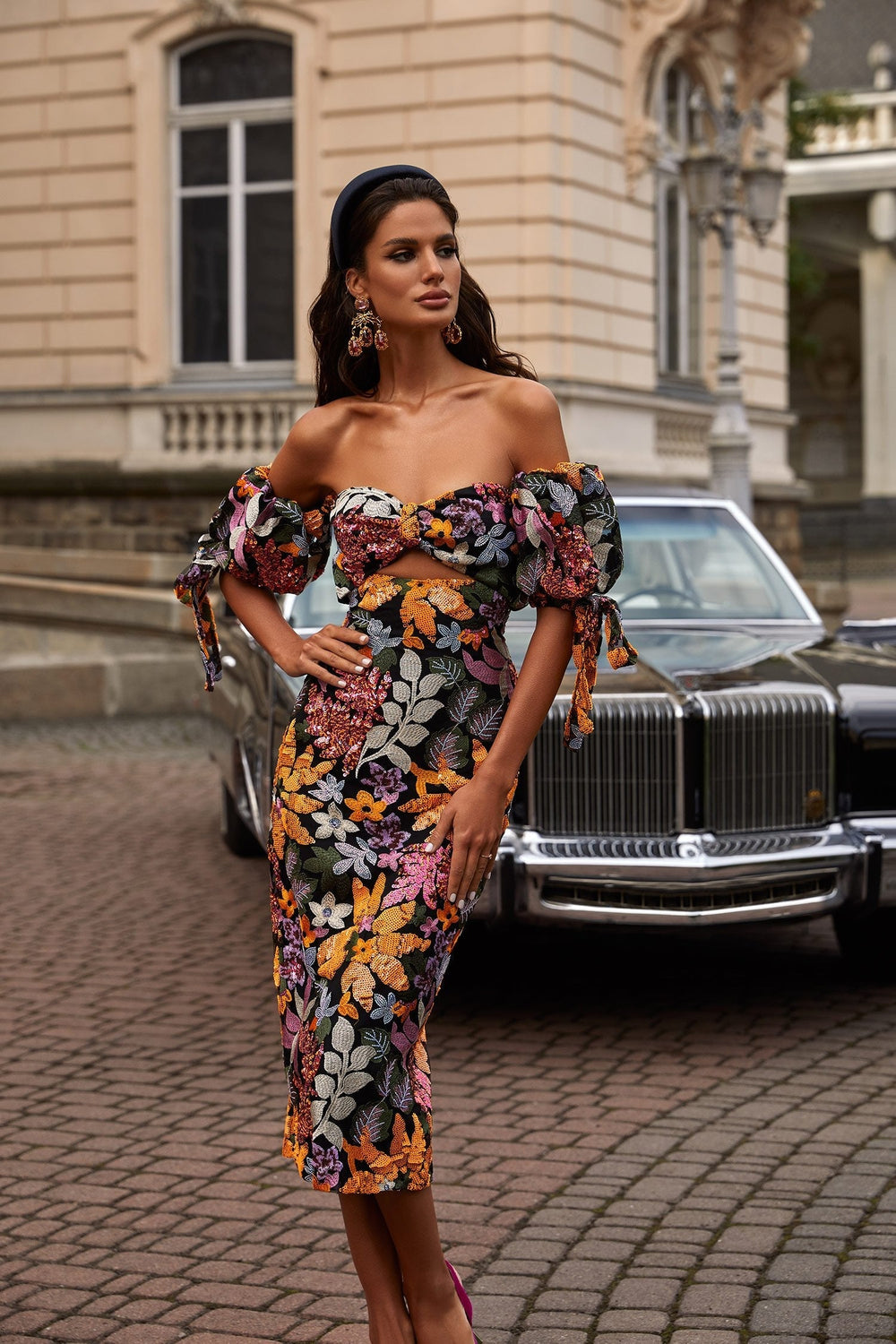 Flora Dress - Patterned Sequin Midi Dress with Off-Shoulder Sleeves