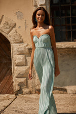 Simone Jumpsuit Alamour The Label Simone Turquoise Pleated Satin Strapless Jumpsuit | Afterpay