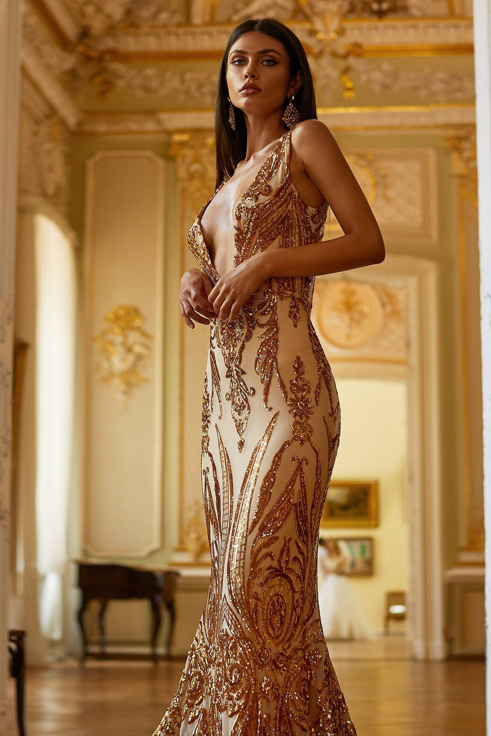 Maurita V Plunge Neckline Mermaid Gown Gold Alamour The Label Maurita V Plunge Neckline Mermaid Gown Gold Alamour The Label