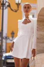 Vanessa Dress - White Long Sleeve High Neck A-Line Mini Dress