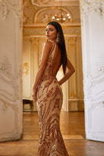 Maurita - Gold Sequin Plunge Neck Mermaid Gown with Open Back