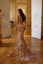 Maurita - Gold Sequin Plunge Neck Mermaid Gown with Open Back