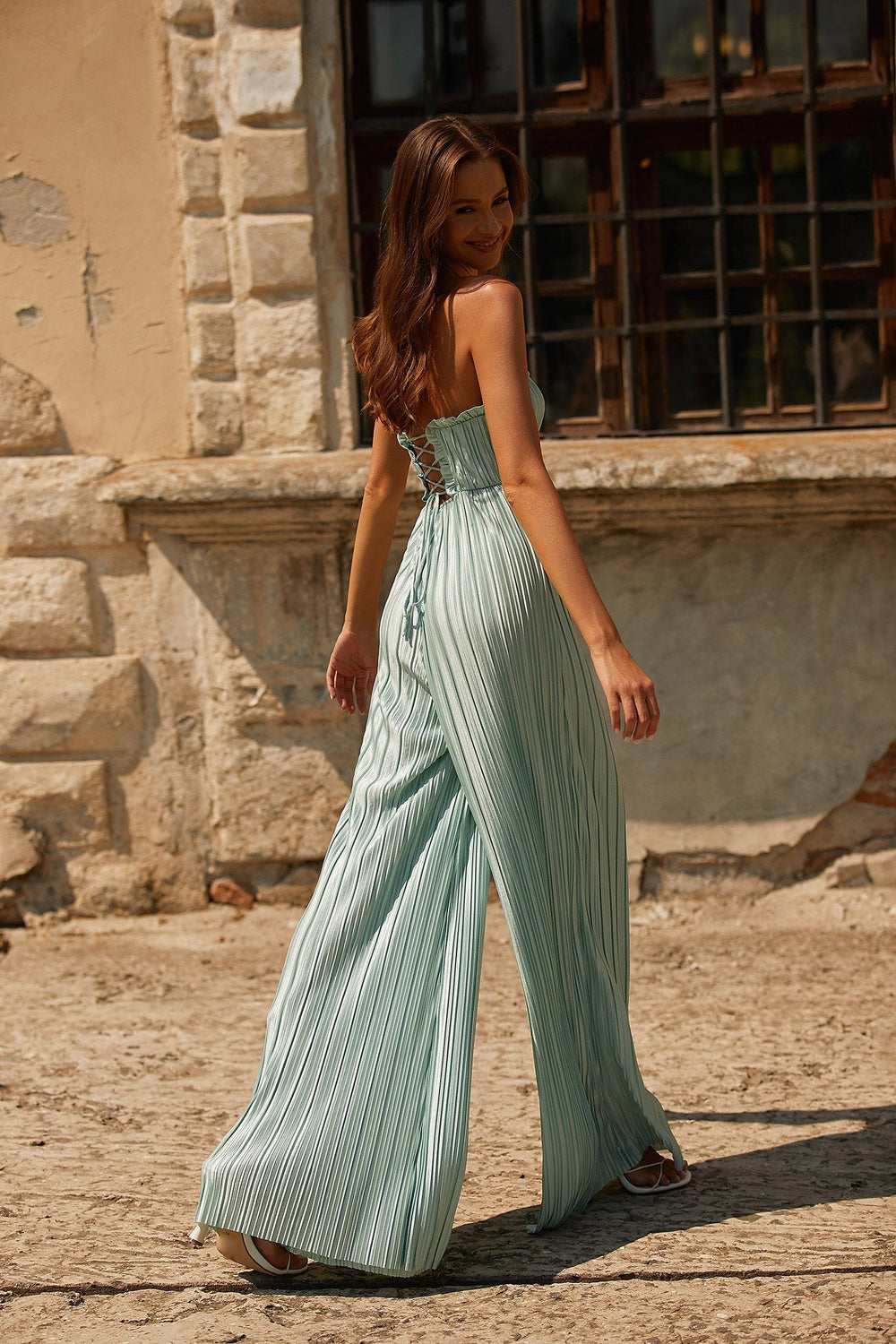 Simone Jumpsuit Alamour The Label Simone Turquoise Pleated Satin Strapless Jumpsuit | Afterpay