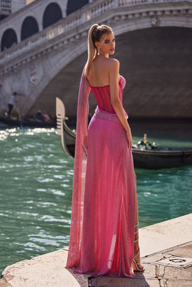 Sidney - Pink Sheer Bodice Gown with Off-Shoulder Throw