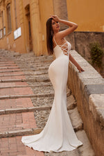 Kasey - White Crepe Gown with Lace-Up Sides and Straight Neckline
