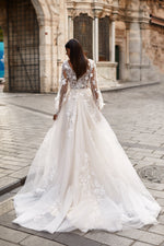 Melek Gown - Sheer Balloon Sleeve Wedding Dress with Floral Fabric