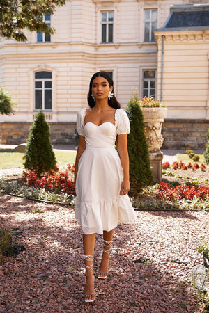 Katina - White A-Line Midi Dress with Bustier & Puffy Sleeves