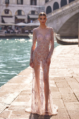 Venice - Lilac Sheer Beaded Gown with Long Sleeves