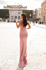 Camala - Strapless Dusty Pink Shimmering Lurex Gown with Side Slit