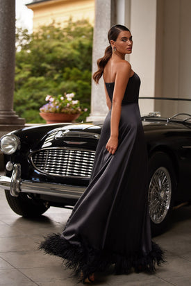 Scarlett - Black Strapless Satin Gown with Feather Trim Along Side Slit and Train