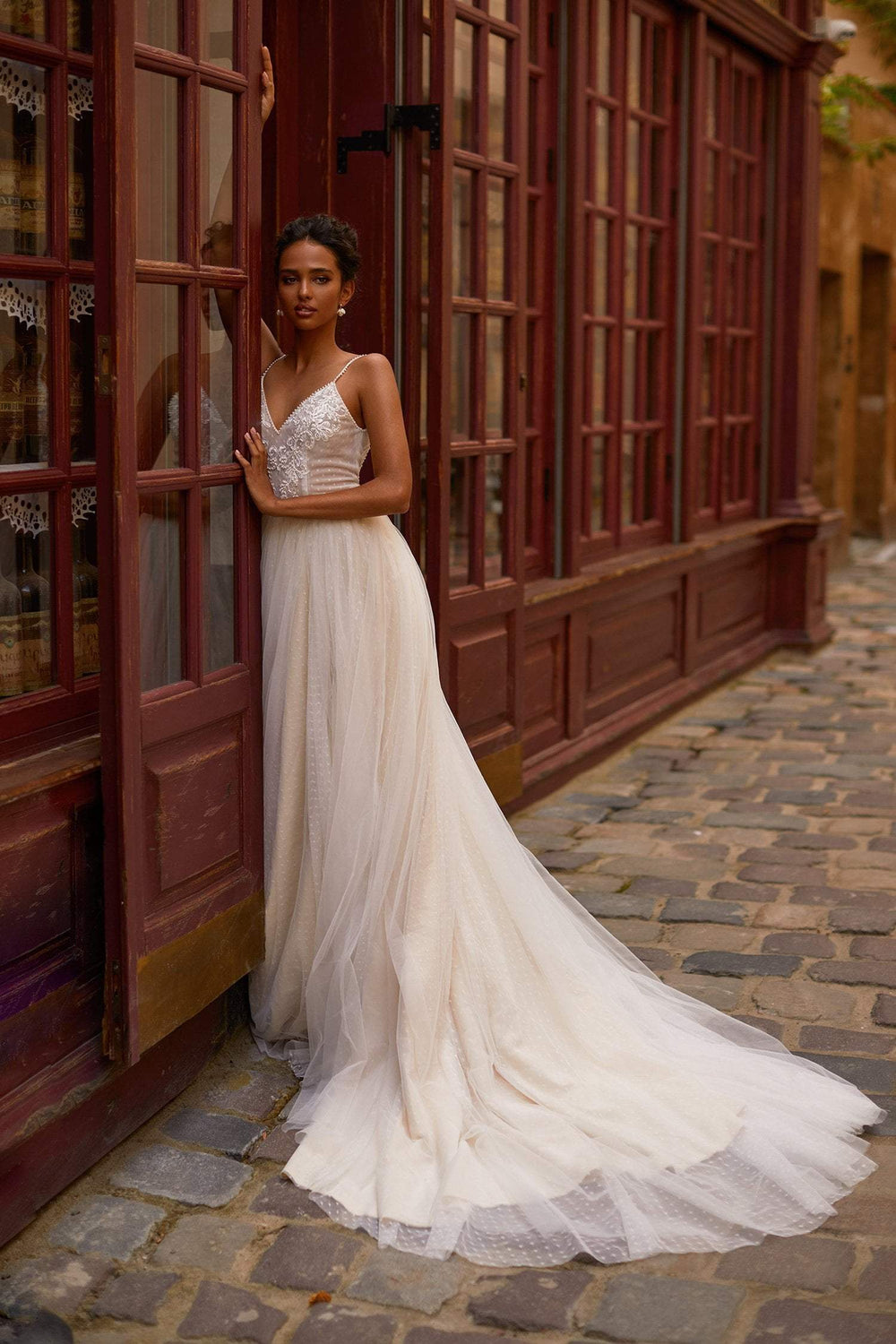 A&N Carys - White & Nude Textured Tulle Boho Bridal Gown With Pearls