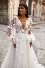 Melek Gown - Sheer Balloon Sleeve Wedding Dress with Floral Fabric