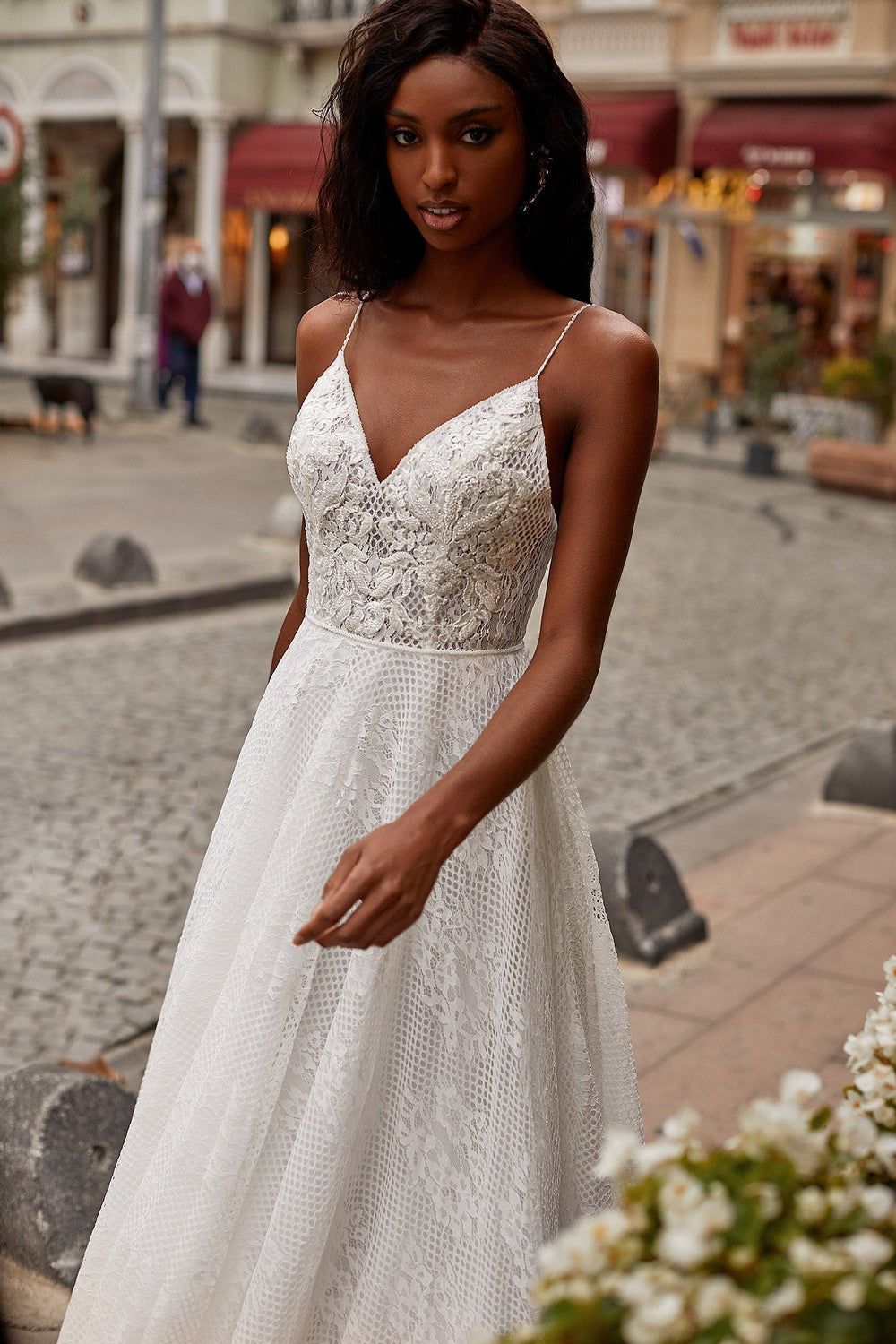 Dounia Gown - Lace A-Line Backless Bridal Gown with Thin Straps 