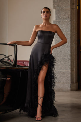 Scarlett - Black Strapless Satin Gown with Feather Trim Along Side Slit and Train