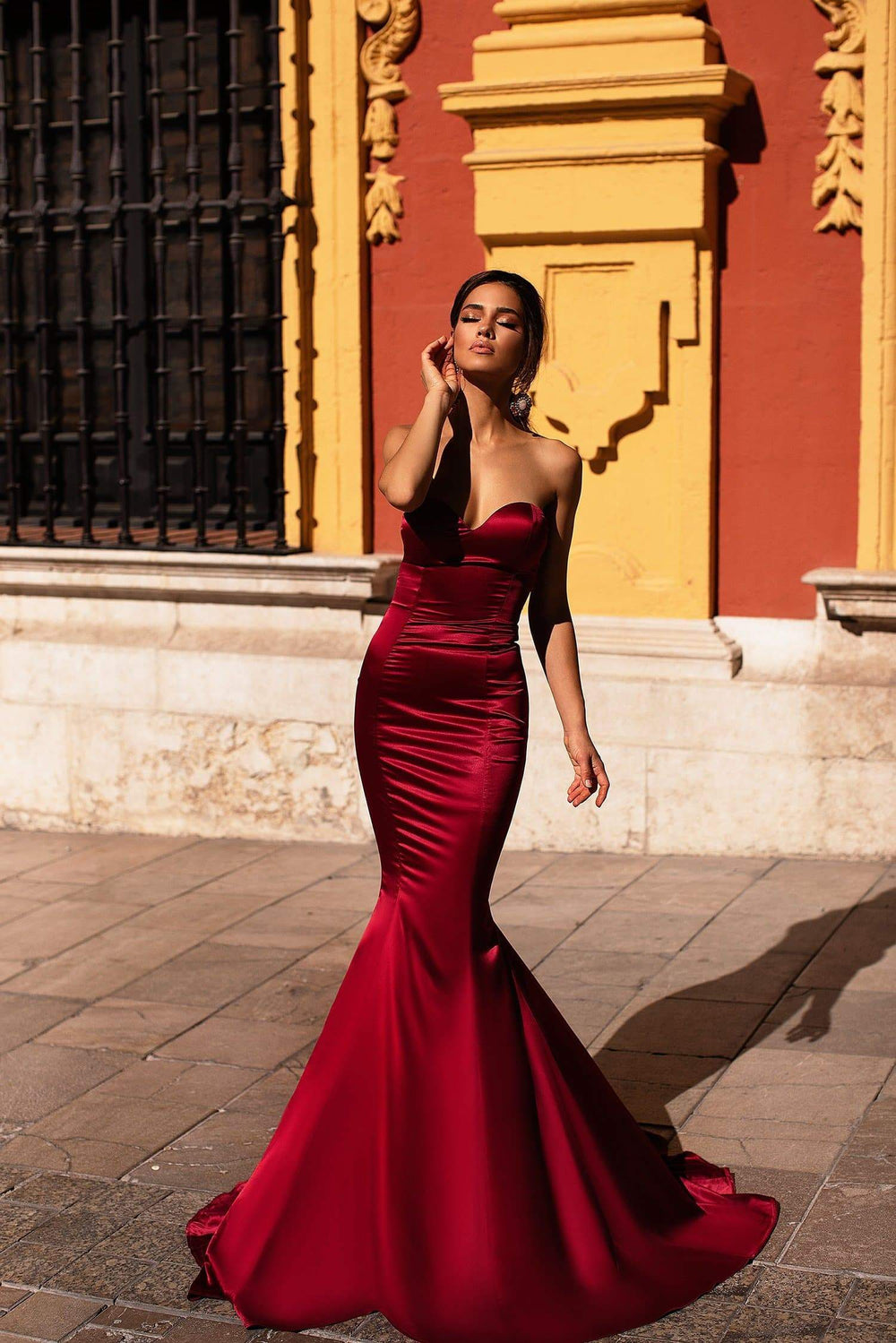 Emely - Wine Red Strapless Satin Mermaid Gown