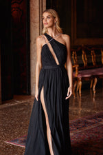 Bellucci - Black Chiffon Gown with Diamante Straps