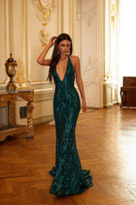 Ciara - Emerald Sequin Fitted Gown with Plunge Neck & Lace-Up Back