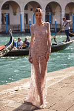 Venice - Lilac Sheer Beaded Gown with Long Sleeves